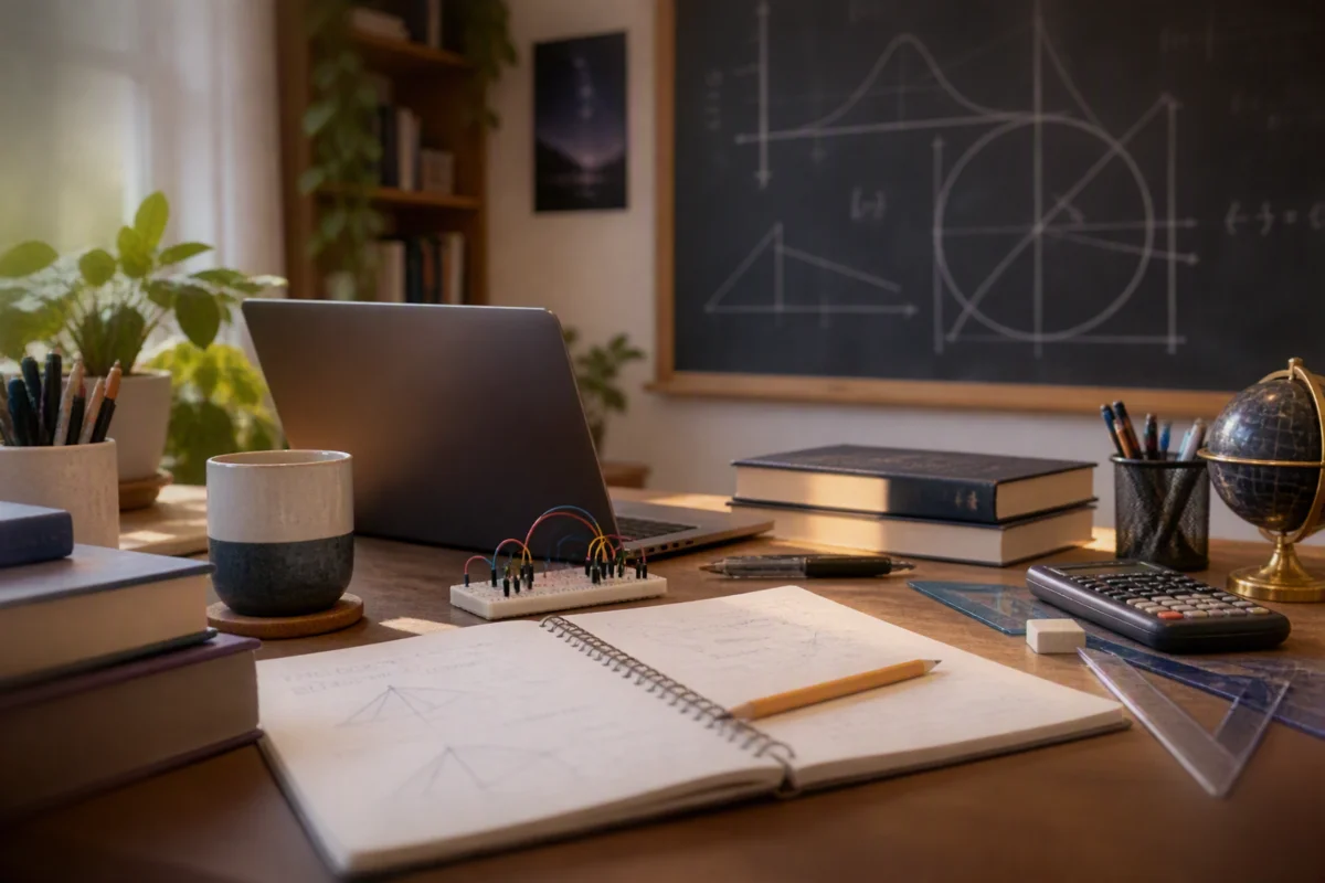Illustrative home STEM workspace with a laptop, notebook, electronics and chalkboard